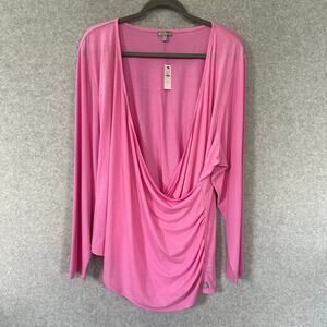 Talbots Faux Wrap Top Size 3X Pink Ribbed Sleeve Deep V Neck Surplice NWT